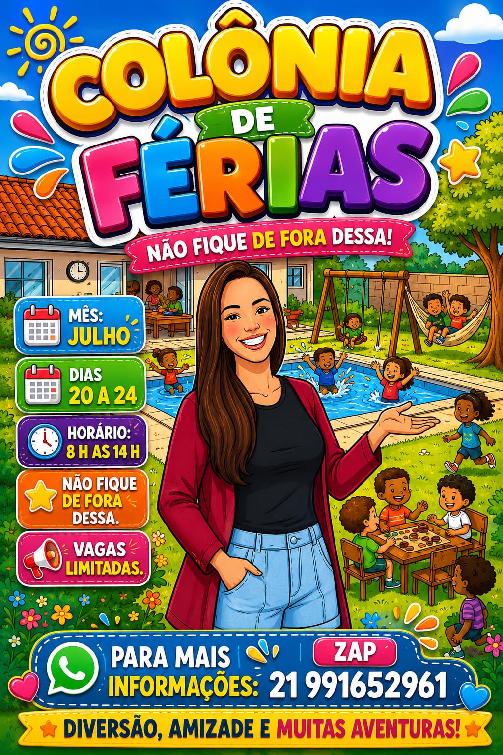 Colônia de Férias Casa do Brincar - De 20 a 24 de julho, das 8h às 14h. Diversão, amizade e muitas aventuras. Vagas limitadas.